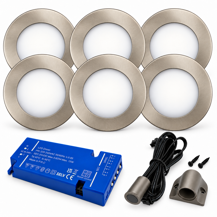6x 24V Dimmable Aluminium Super Slim Round Surface Mounted LED Under Cabinet Light and Driver Kit, Natural White 4000K