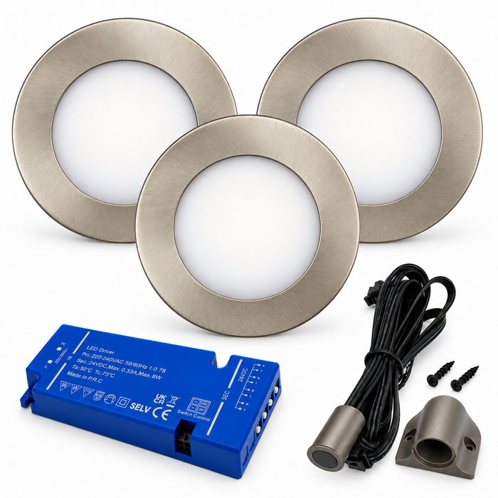 3x 24V Dimmable Aluminium Super Slim Round Surface Mounted LED Under Cabinet Light and Driver Kit, Warm White 3000K