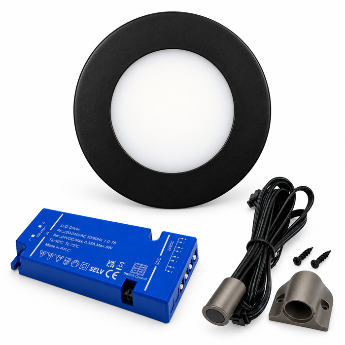1x 24V Dimmable Black Super Slim Round Surface Mounted LED Under Cabinet Light and Driver Kit, Cool White 6000K