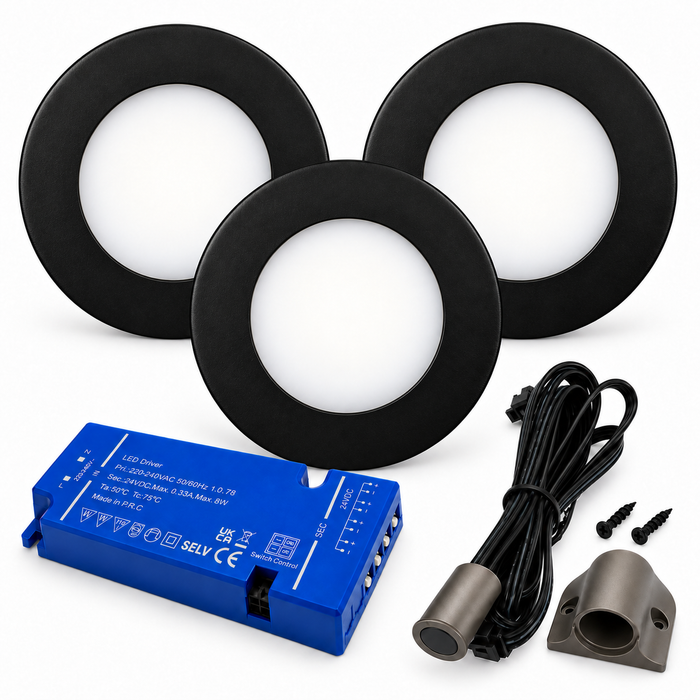 3x 24V Dimmable Black Super Slim Round Surface Mounted LED Under Cabinet Light and Driver Kit, Cool White 6000K