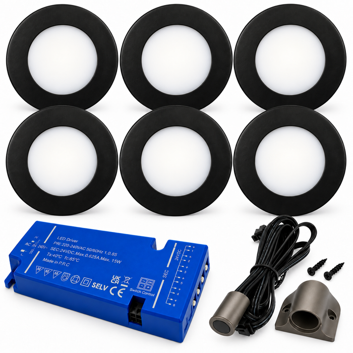 6x 24V Dimmable Black Super Slim Round Surface Mounted LED Under Cabinet Light and Driver Kit, Cool White 6000K