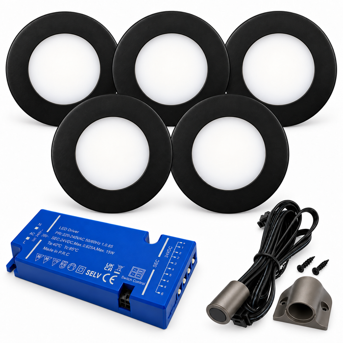 5x 24V Dimmable Black Super Slim Round Surface Mounted LED Under Cabinet Light and Driver Kit, Natural White 4000K
