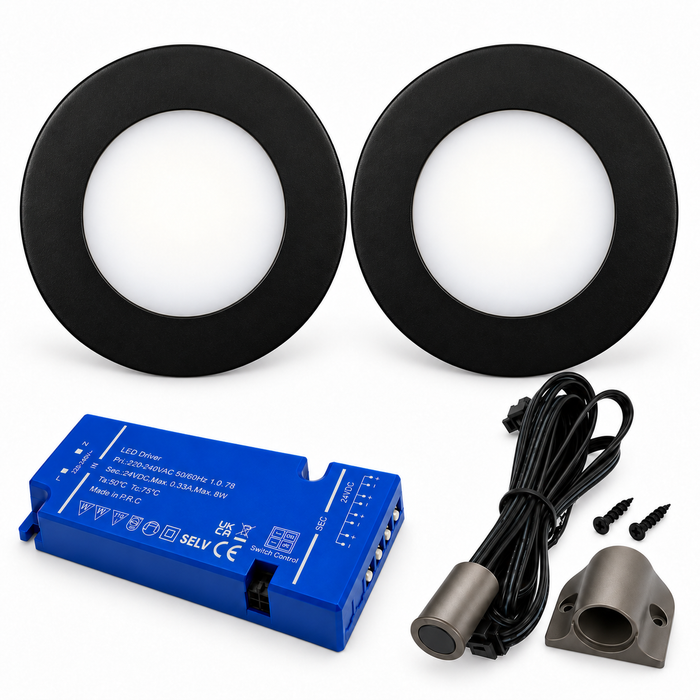 2x 24V Dimmable Black Super Slim Round Surface Mounted LED Under Cabinet Light and Driver Kit, Warm White 3000K
