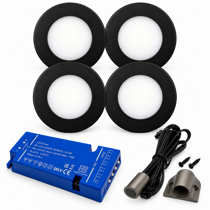4x 24V Dimmable Black Super Slim Round Surface Mounted LED Under Cabinet Light and Driver Kit, Warm White 3000K