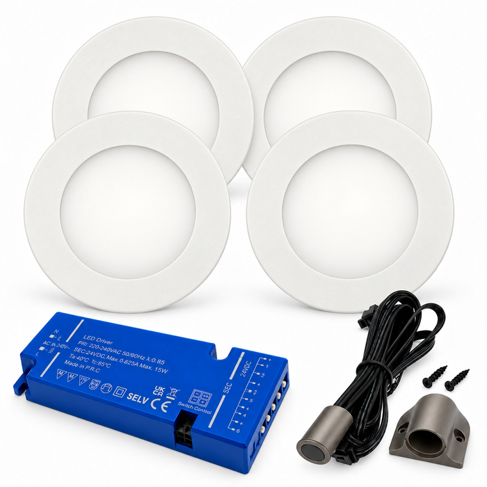 4x 24V Dimmable White Super Slim Round Surface Mounted LED Under Cabinet Light and Driver Kit, Cool White 6000K