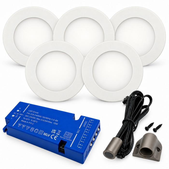 5x 24V Dimmable White Super Slim Round Surface Mounted LED Under Cabinet Light and Driver Kit, Cool White 6000K