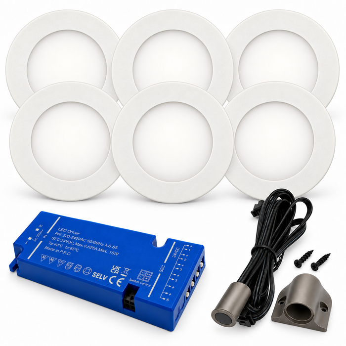 6x 24V Dimmable White Super Slim Round Surface Mounted LED Under Cabinet Light and Driver Kit, Cool White 6000K