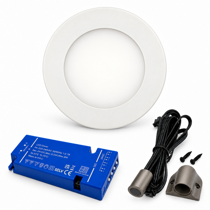 1x 24V Dimmable White Super Slim Round Surface Mounted LED Under Cabinet Light and Driver Kit, Warm White 3000K