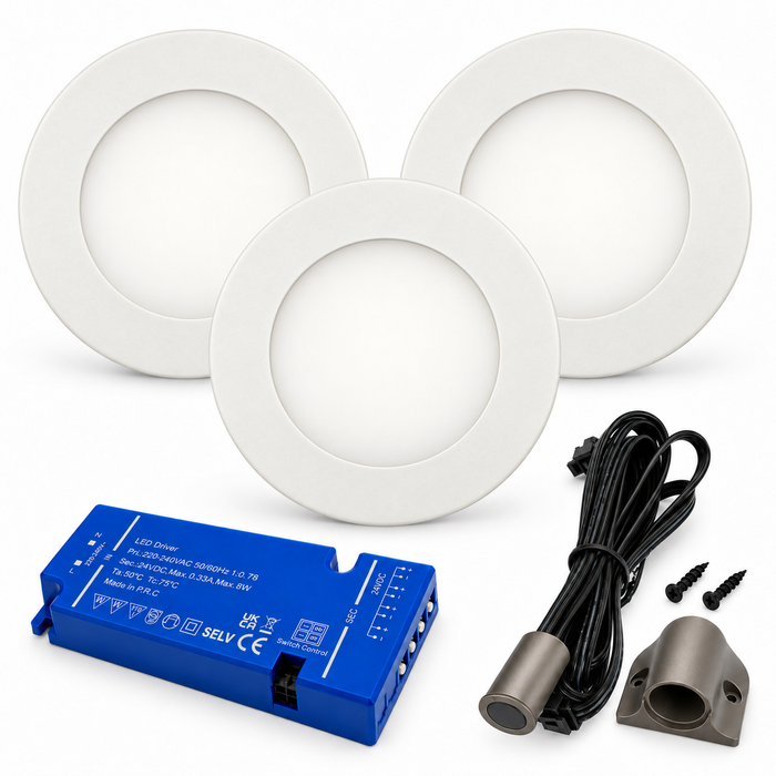 3x 24V Dimmable White Super Slim Round Surface Mounted LED Under Cabinet Light and Driver Kit, Warm White 3000K