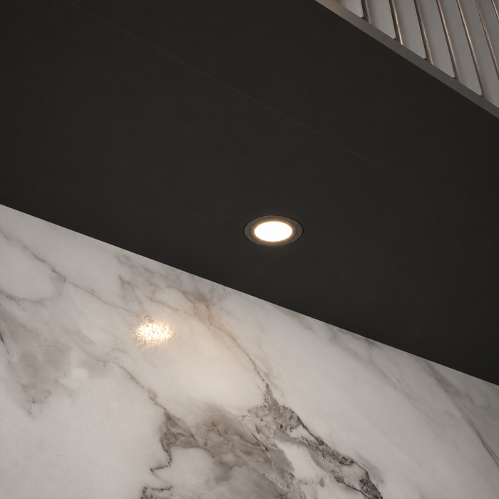 Aluminium Round Recessed LED Under Cabinet Light installed beneath kitchen cabinets