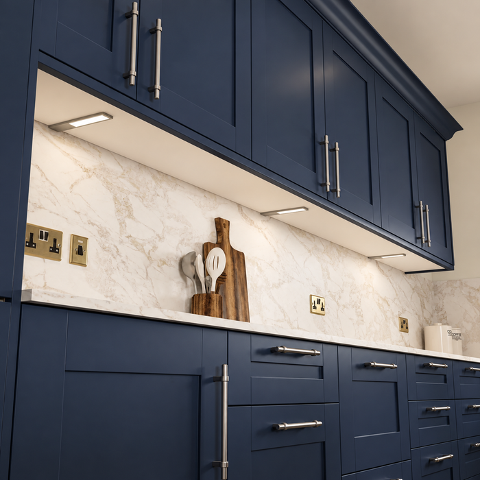 Aluminium 200mm Super Slim Rectangle Surface Mounted LED Under Cabinet Light installed beneath kitchen cabinets