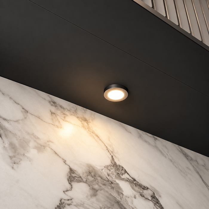 Aluminium Round Surface Mounted LED Under Cabinet Light installed beneath kitchen cabinets