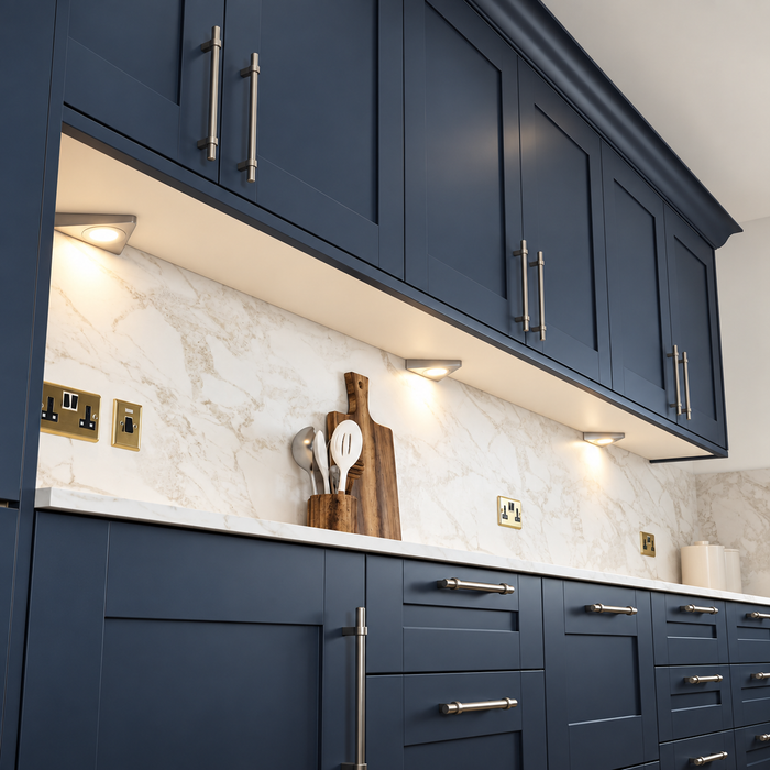 Aluminium Triangle Surface Mounted LED Under Cabinet Light installed beneath kitchen cabinets