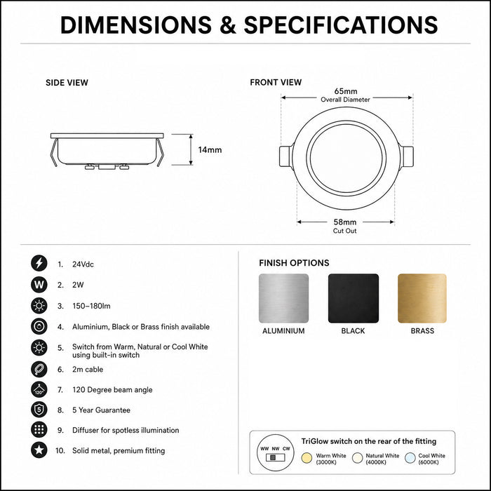 Aluminium round recessed LED under cabinet light dimensions
