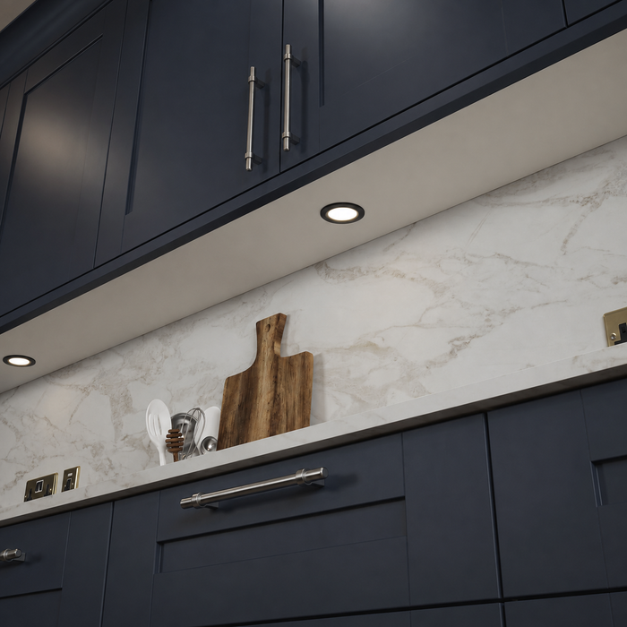 Black Round Recessed LED Under Cabinet Light installed beneath kitchen cabinets