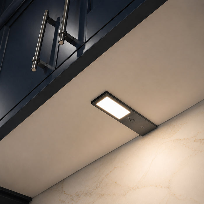 Black 175mm Super Slim Rectangle Surface Mounted LED Under Cabinet Light installed beneath kitchen cabinets