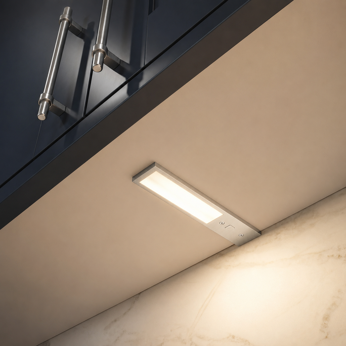 Aluminium 200mm Super Slim Rectangle Surface Mounted LED Under Cabinet Light installed beneath kitchen cabinets