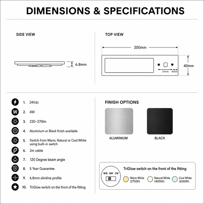 Black 200mm Super Slim Rectangle Surface Mounted LED Under Cabinet Light dimensions