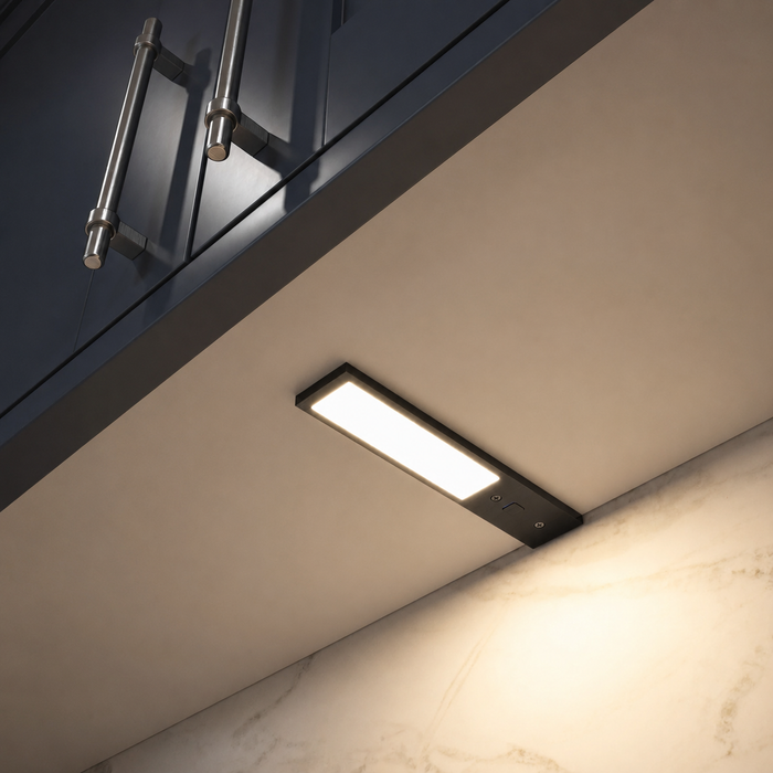 Black 200mm Super Slim Rectangle Surface Mounted LED Under Cabinet Light installed beneath kitchen cabinets