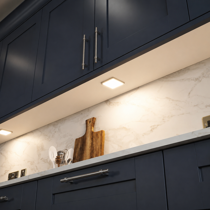 Aluminium Low Profile Square Surface Mounted LED Under Cabinet Light installed beneath kitchen cabinets