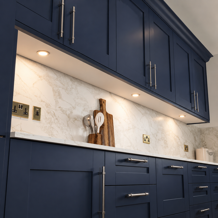 Aluminium Super Slim Round Surface Mounted LED Under Cabinet Light installed beneath kitchen cabinets