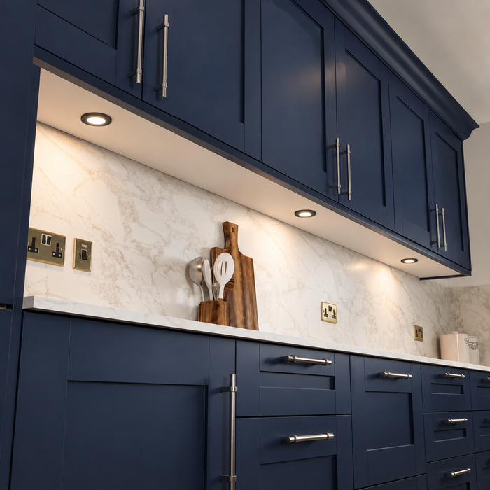 Black Super Slim Round Surface Mounted LED Under Cabinet Light installed beneath kitchen cabinets