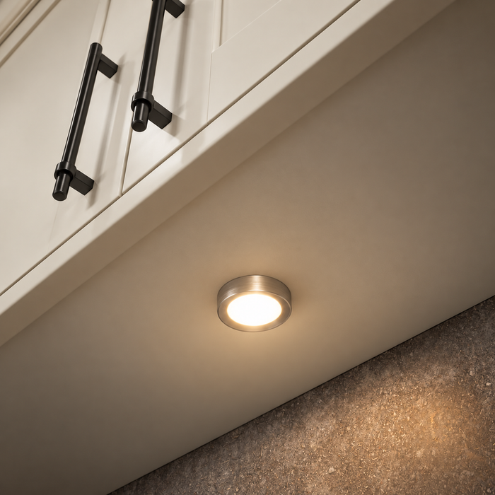 Aluminium Round Surface Mounted LED Under Cabinet Light installed beneath kitchen cabinets