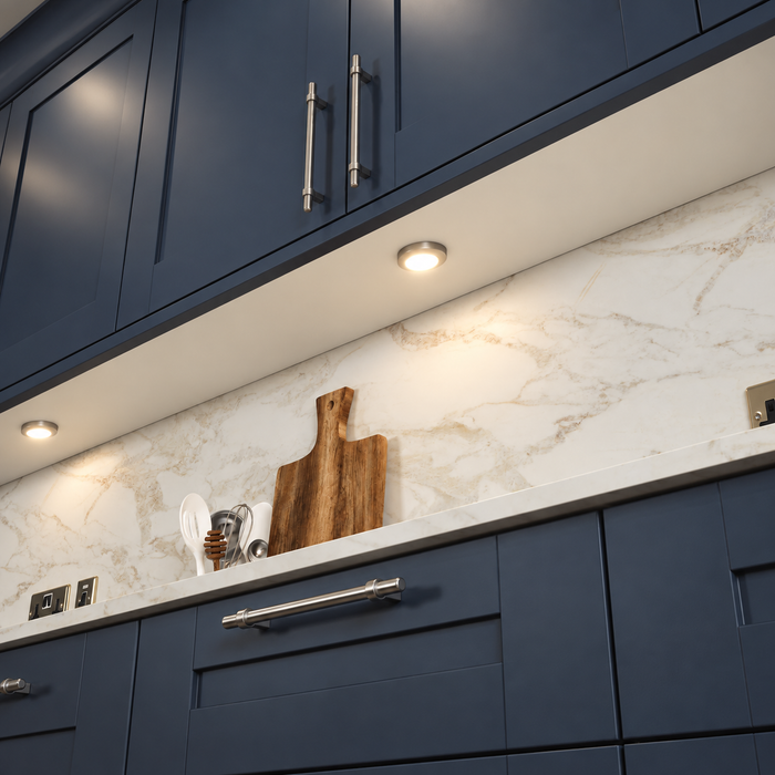 Aluminium Round Surface Mounted LED Under Cabinet Light installed beneath kitchen cabinets