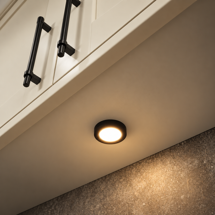 Black Round Surface Mounted LED Under Cabinet Light installed beneath kitchen cabinets