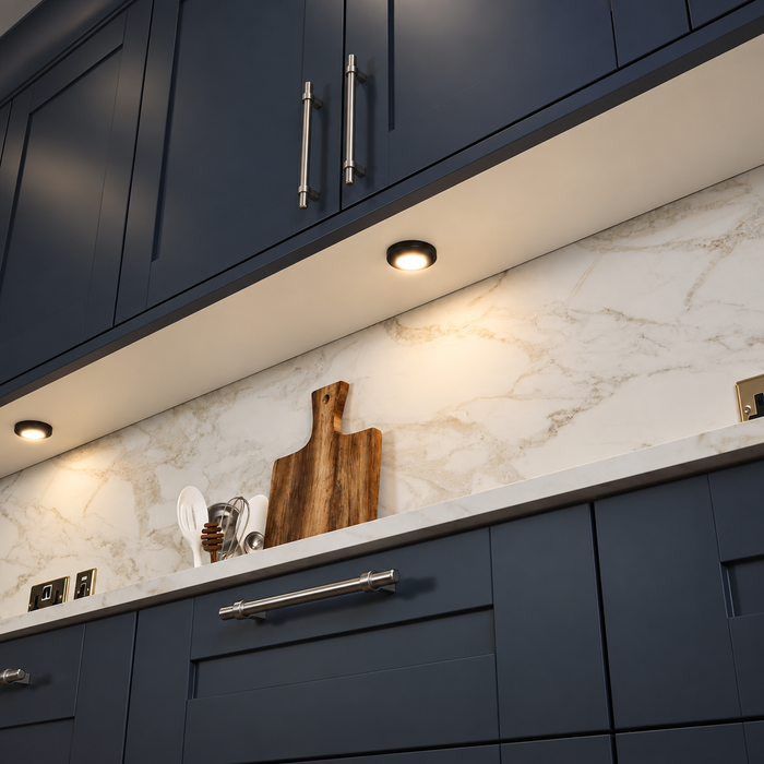 Black Round Surface Mounted LED Under Cabinet Light installed beneath kitchen cabinets