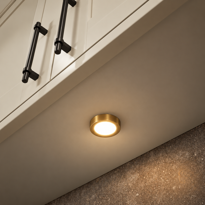Brass Round Surface Mounted LED Under Cabinet Light installed beneath kitchen cabinets