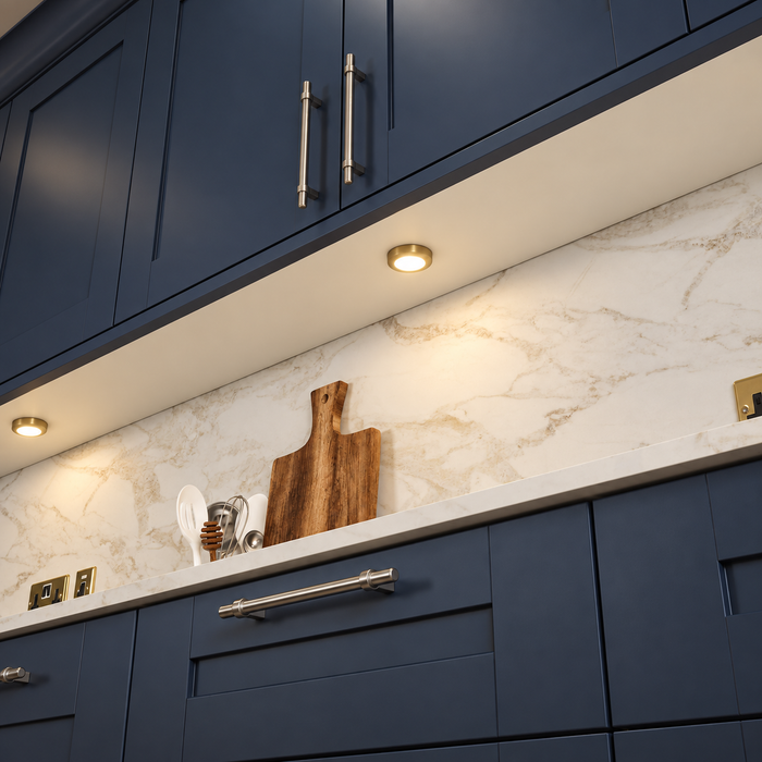 Brass Round Surface Mounted LED Under Cabinet Light installed beneath kitchen cabinets