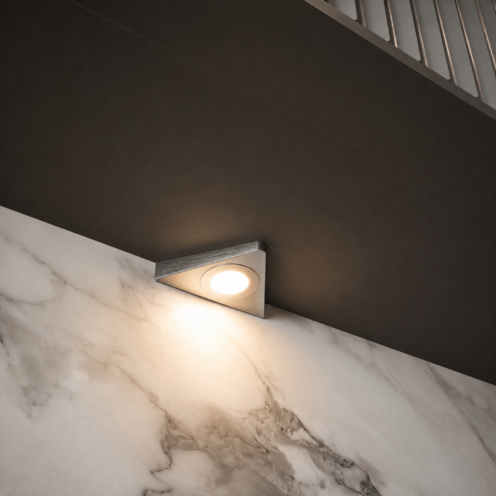 Aluminium Triangle Surface Mounted LED Under Cabinet Light installed beneath kitchen cabinets
