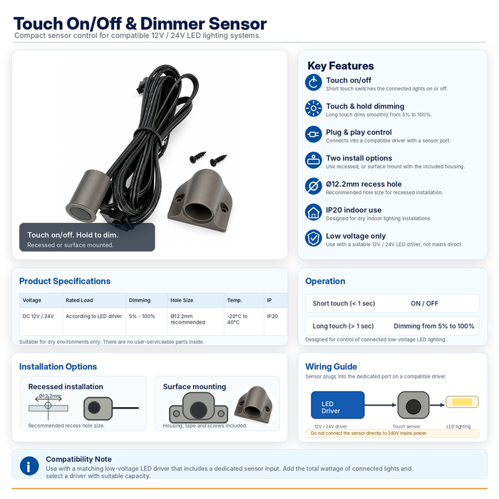 Touch sensor for switching and dimming the under cabinet lights
