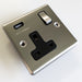 1 Gang Single UK Plug Socket & 2.1A USB Charger SATIN STEEL & Black 13A Switched - LoopsDirect