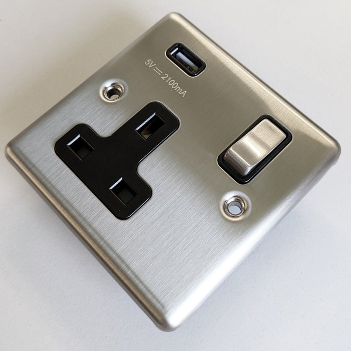 2 PACK - 1 Gang Single UK Plug Socket & 2.1A USB SATIN STEEL & Black 13A Switched - LoopsDirect