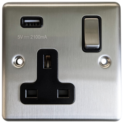 1 Gang Single UK Plug Socket & 2.1A USB Charger SATIN STEEL & Black 13A Switched - LoopsDirect