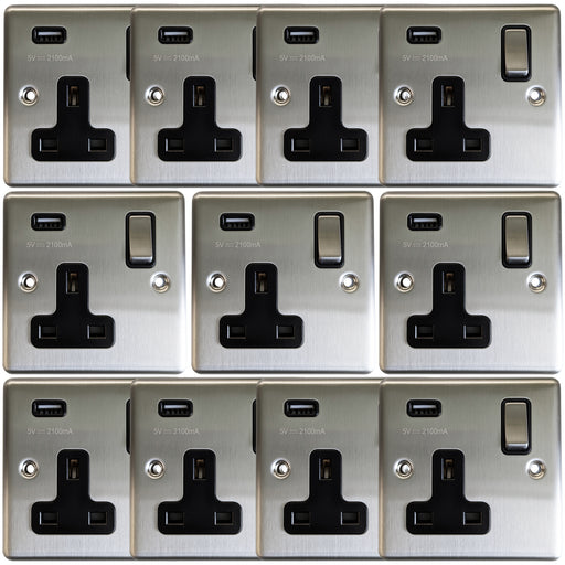 10 PACK - 1 Gang Single UK Plug Socket & 2.1A USB SATIN STEEL & Black 13A Switched - LoopsDirect