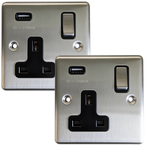 2 PACK - 1 Gang Single UK Plug Socket & 2.1A USB SATIN STEEL & Black 13A Switched - LoopsDirect