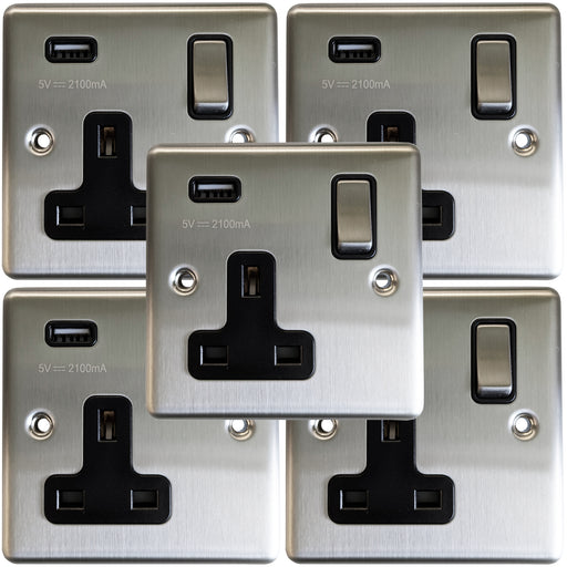 5 PACK - 1 Gang Single UK Plug Socket & 2.1A USB SATIN STEEL & Black 13A Switched - LoopsDirect