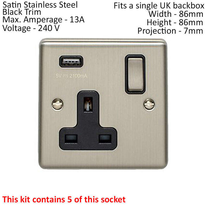 5 PACK - 1 Gang Single UK Plug Socket & 2.1A USB SATIN STEEL & Black 13A Switched - LoopsDirect