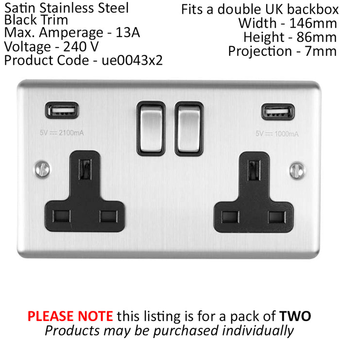 2 PACK 2 Gang Single UK Plug Socket & 2.1A USB SATIN STEEL & Grey 13A Switched