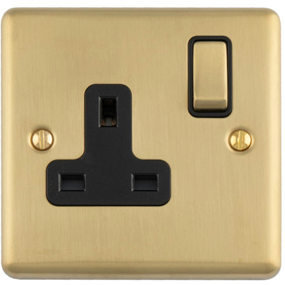 1 Gang Single UK Plug Socket SATIN BRASS & BLACK 13A Switched Mains Wa ...