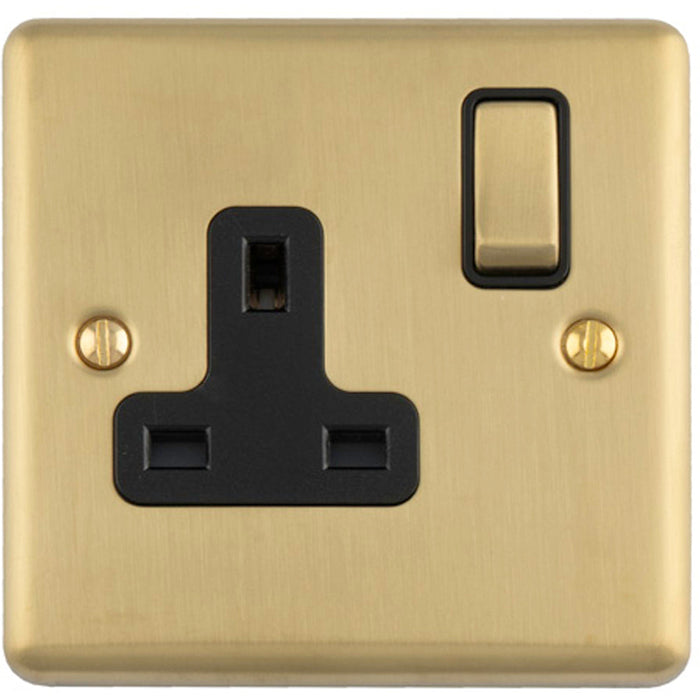 1 Gang Single UK Plug Socket SATIN BRASS & BLACK 13A Switched Mains Wall Power Outlet