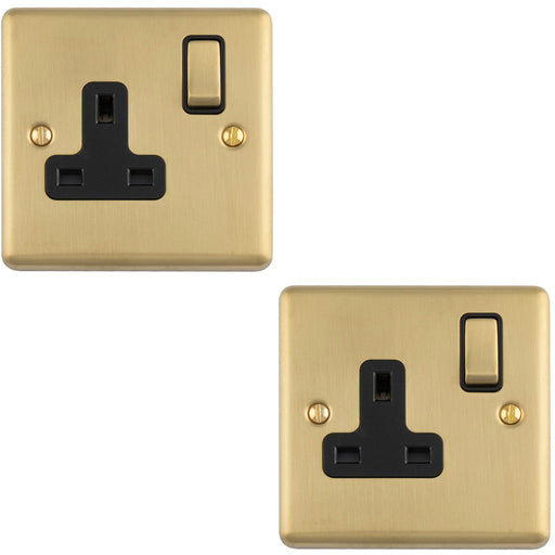2 PACK 1 Gang Single UK Plug Socket SATIN BRASS & BLACK 13A Switched Mains Wall Power Outlet