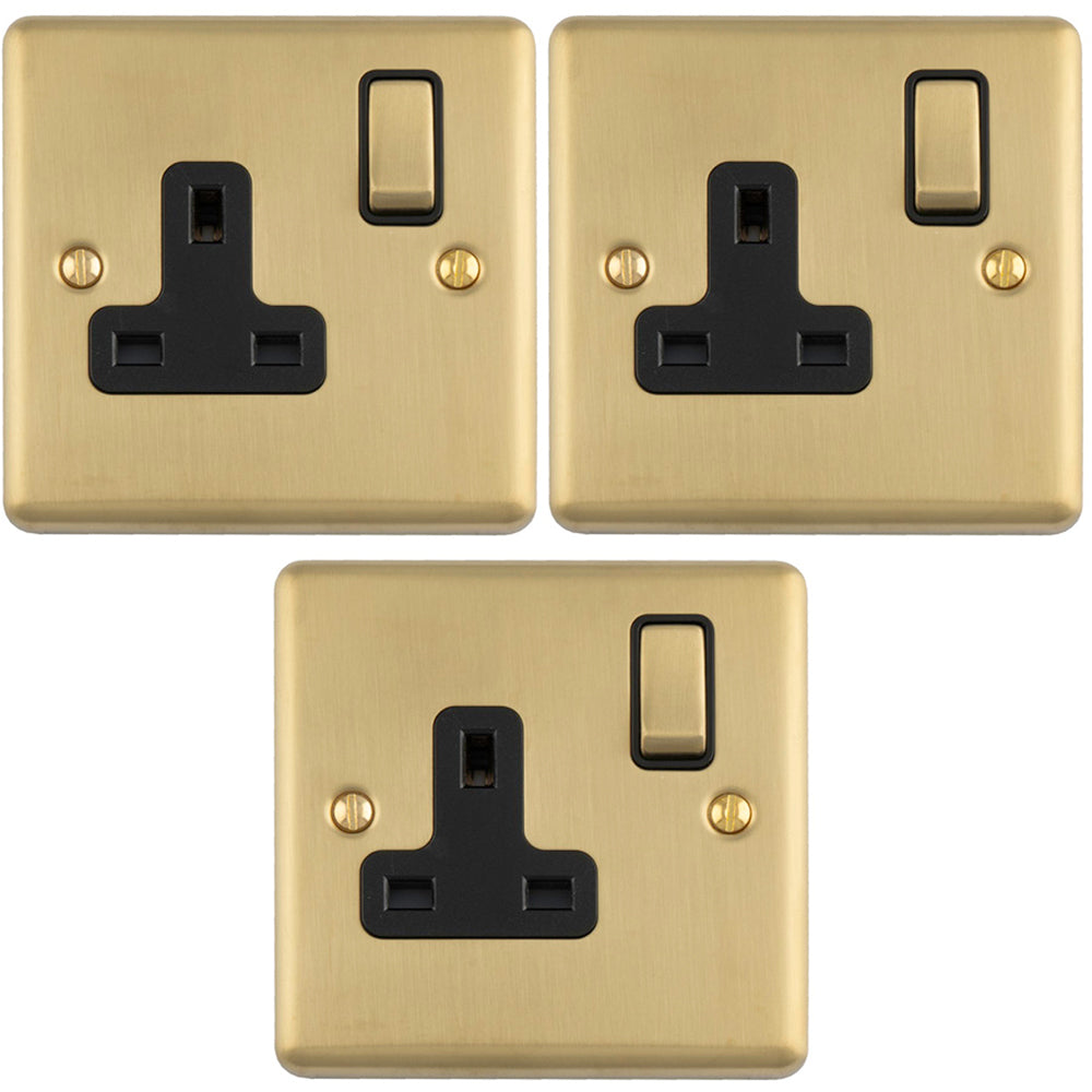 3 PACK 1 Gang Single UK Plug Socket SATIN BRASS & BLACK 13A Switched M ...