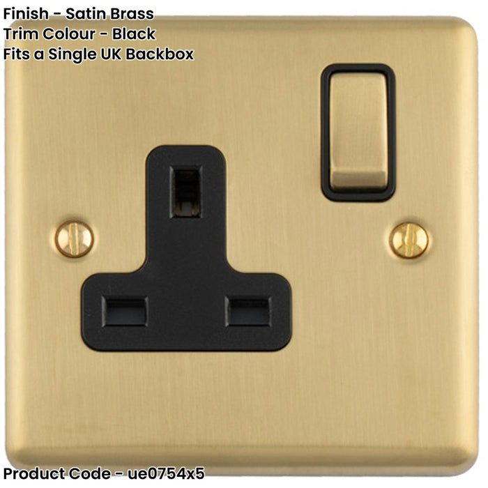 5 PACK 1 Gang Single UK Plug Socket SATIN BRASS & BLACK 13A Switched Mains Wall Power Outlet
