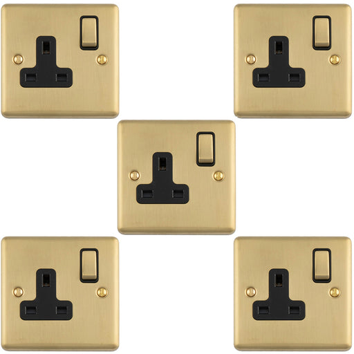 5 PACK 1 Gang Single UK Plug Socket SATIN BRASS & BLACK 13A Switched Mains Wall Power Outlet