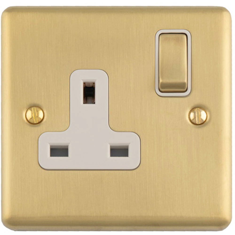 One Plug Socket 1 Gang Single UK Plug Socket SATIN BRASS & WHITE 13A Switched Mains Wa ...