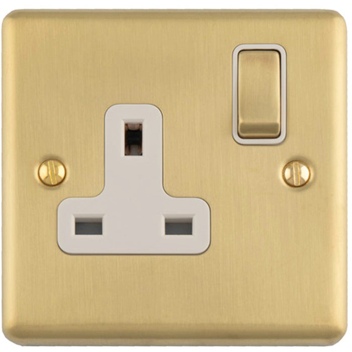 1 Gang Single UK Plug Socket SATIN BRASS & WHITE 13A Switched Mains Wall Power Outlet